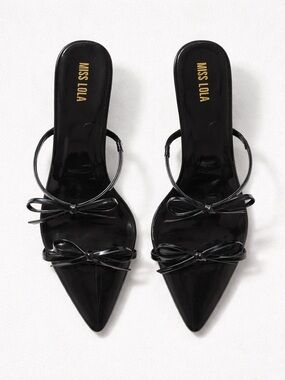 Miss Lola Black Patent Faux Leather Strappy High Heel Sandals w/ Emblements NWOT